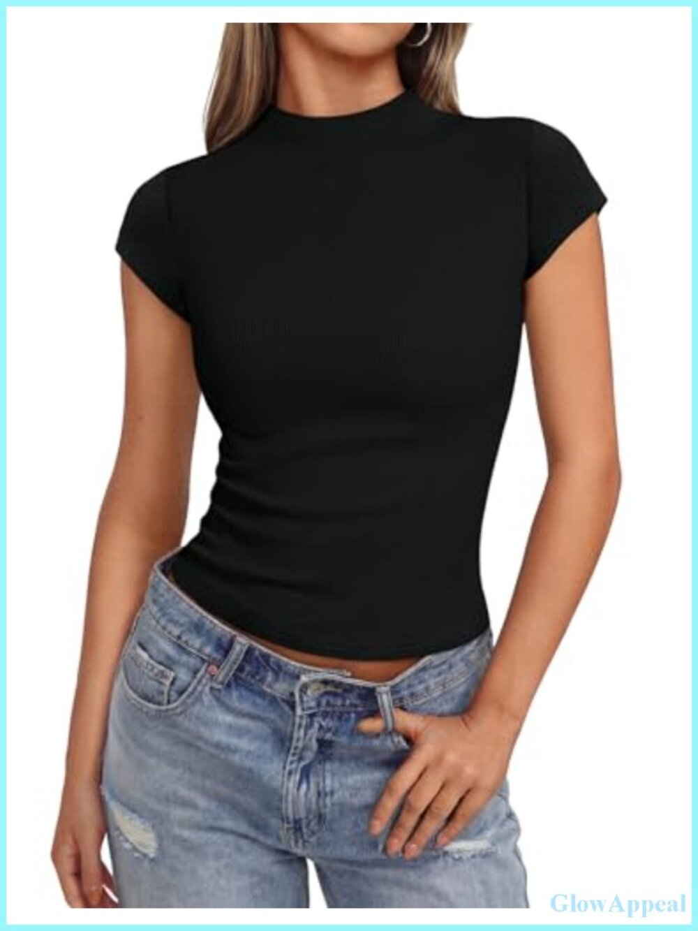 Ribbed Mock Neck Cap Sleeve Crop Top Slim Fit Casual Work T-Shirt
